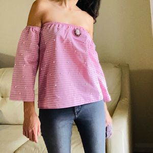 Romeo & Juliet Couture Striped Pink Off-Shoulder Blouse Size Small